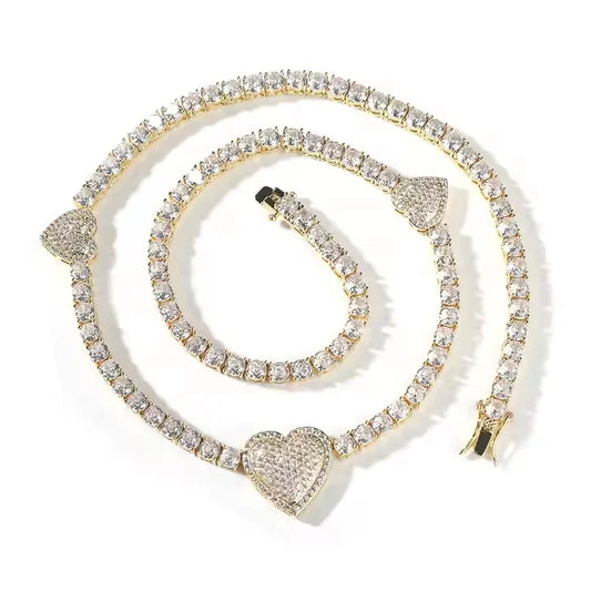 Heart Jewelry Set Trendy Women Necklace Bling Sparkling Diamond Chain Earrings Stud