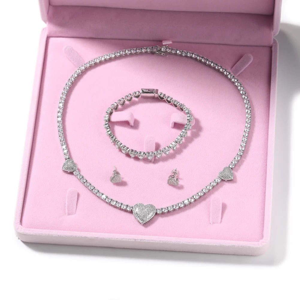 Heart Jewelry Set Trendy Women Necklace Bling Sparkling Diamond Chain Earrings Stud