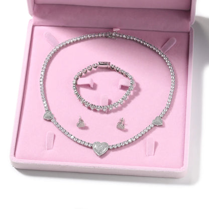 Heart Jewelry Set Trendy Women Necklace Bling Sparkling Diamond Chain Earrings Stud