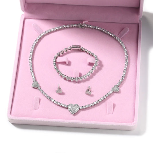 Heart Jewelry Set Trendy Women Necklace Bling Sparkling Diamond Chain Earrings Stud