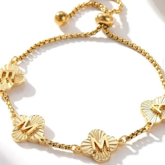Initial Five Leaf Clover Flower Chain Letter Name Bracelet for Women